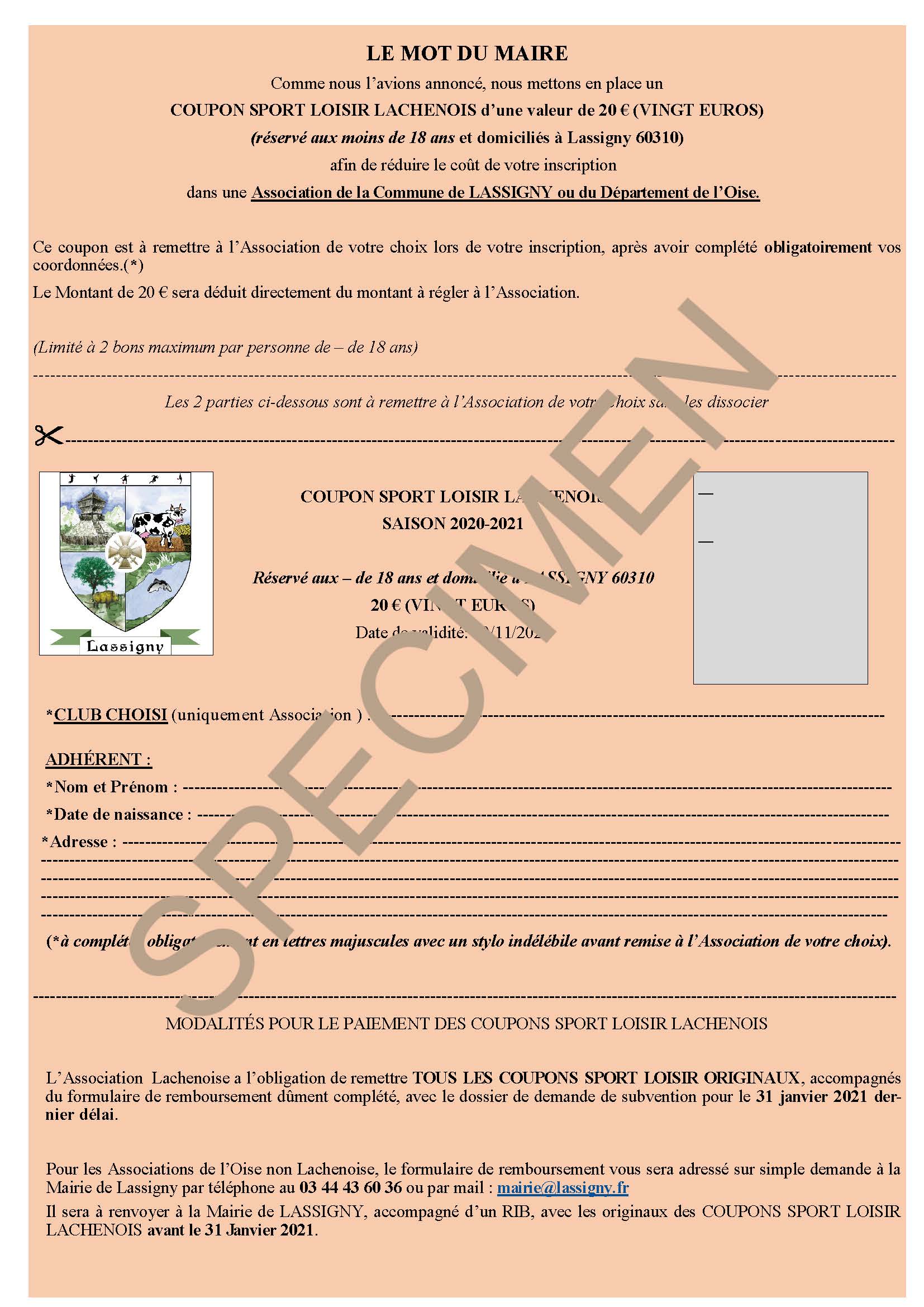 COUPON LOISIRS -SPORTS -CULTURE - SPECIMEN