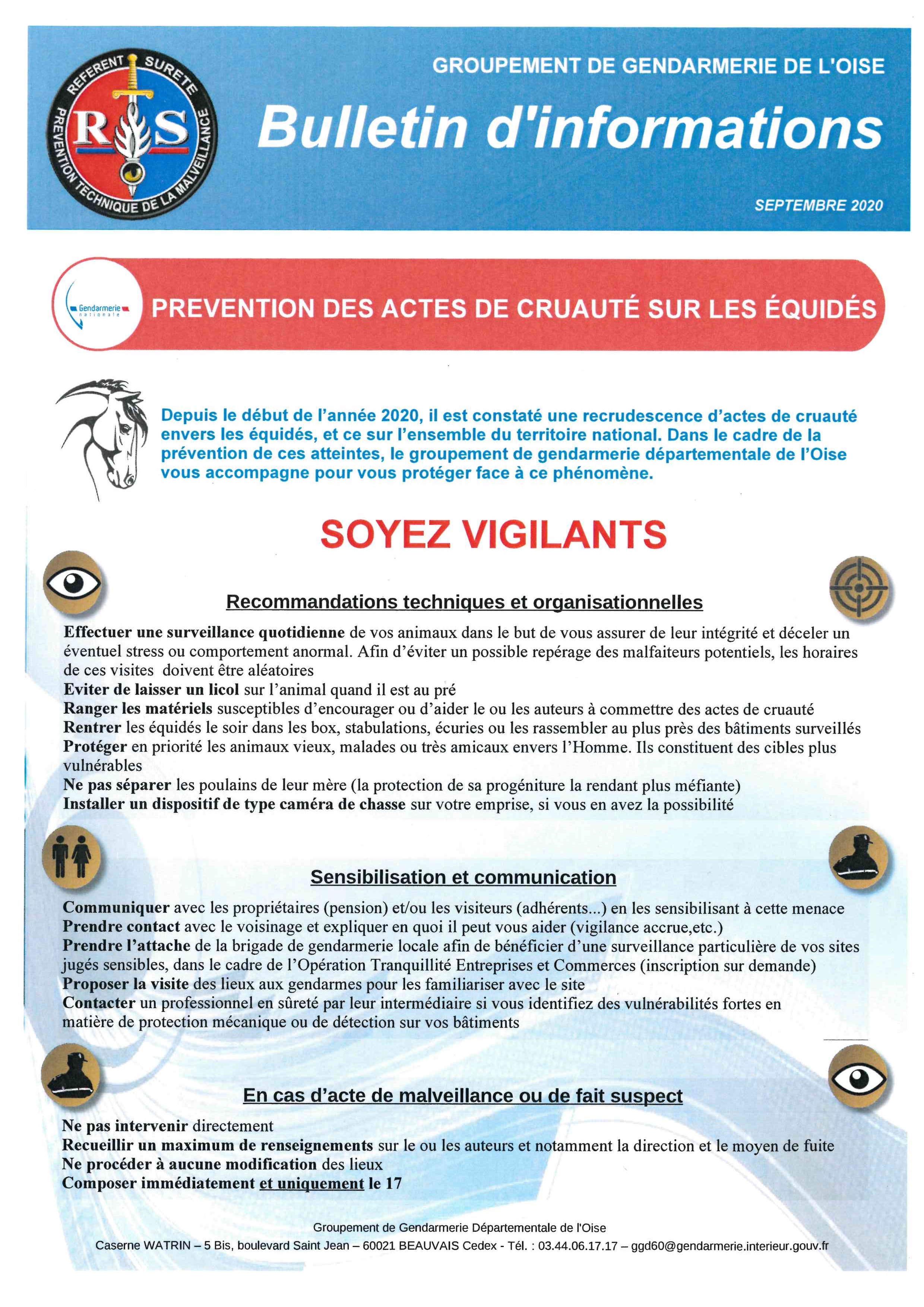 BULLETIN D'INFORMATIONS GENDARMERIE - PREVENTION DES ACTES DE CRUAUTE SUR LES EQUIPES