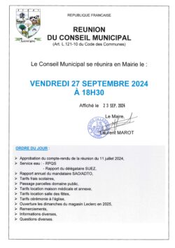 Avis de réunion Conseil Municipal 27 Septembre 2024