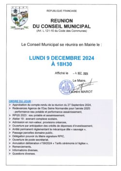 Avis de réunion Conseil Municipal 9 Décembre 2024
